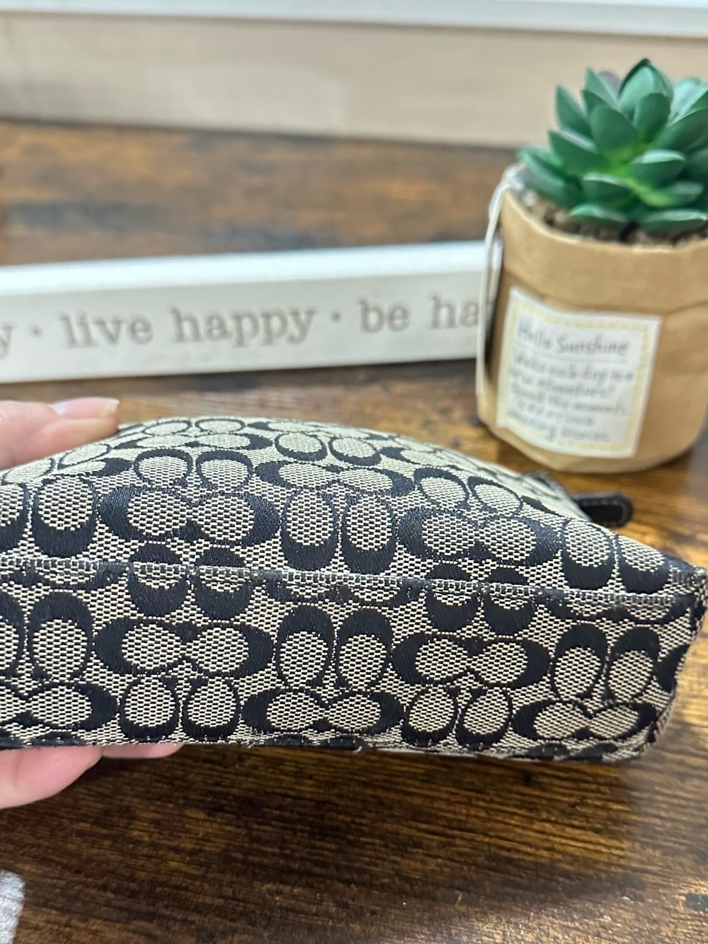 Coach Signature Jacquard Cosmetic Bag | Black & Khaki Mini Makeup Pouch - Picture 4 of 6